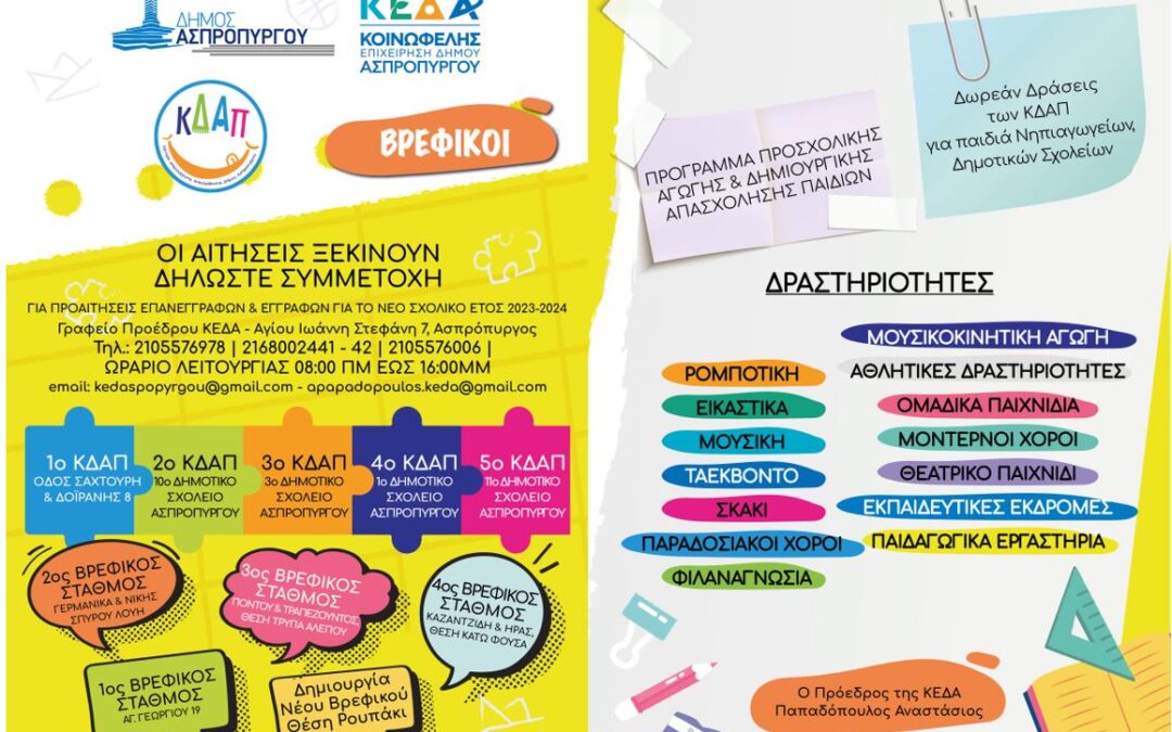 ΞΕΚΙΝΟΥΝ ΟΙ ΑΙΤΗΣΕΙΣ ΓΙΑ ΤΑ ΚΔΑΠ ΚΑΙ ΤΟΥΣ ΒΡΕΦΙΚΟΥΣ ΣΤΑΘΜΟΥΣ ΤΟΥ ΔΗΜΟΥ ΑΣΠΡΟΠΥΡΓΟΥ