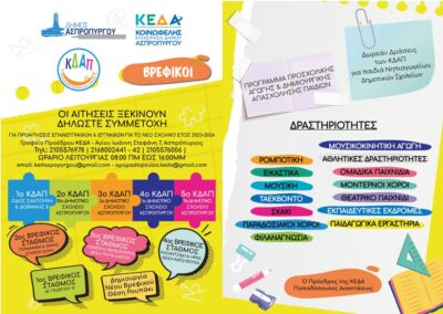 ΞΕΚΙΝΟΥΝ ΟΙ ΑΙΤΗΣΕΙΣ ΓΙΑ ΤΑ ΚΔΑΠ ΚΑΙ ΤΟΥΣ ΒΡΕΦΙΚΟΥΣ ΣΤΑΘΜΟΥΣ ΤΟΥ ΔΗΜΟΥ ΑΣΠΡΟΠΥΡΓΟΥ