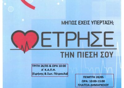 Μετράμε την πίεση την Τρίτη 26 και την Πέμπτη 28 Μαΐου.